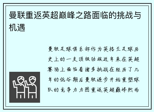 曼联重返英超巅峰之路面临的挑战与机遇